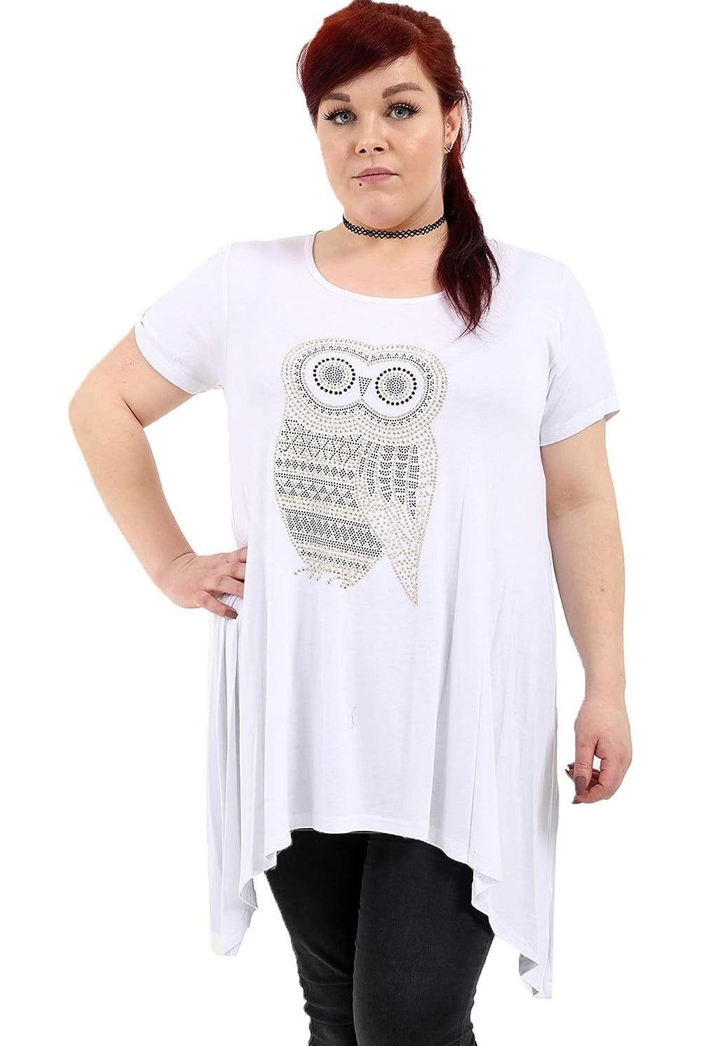 Owl Diamante Stud Hanky Hem Short Sleeve Top Apparel & Accessories WearAll White 14