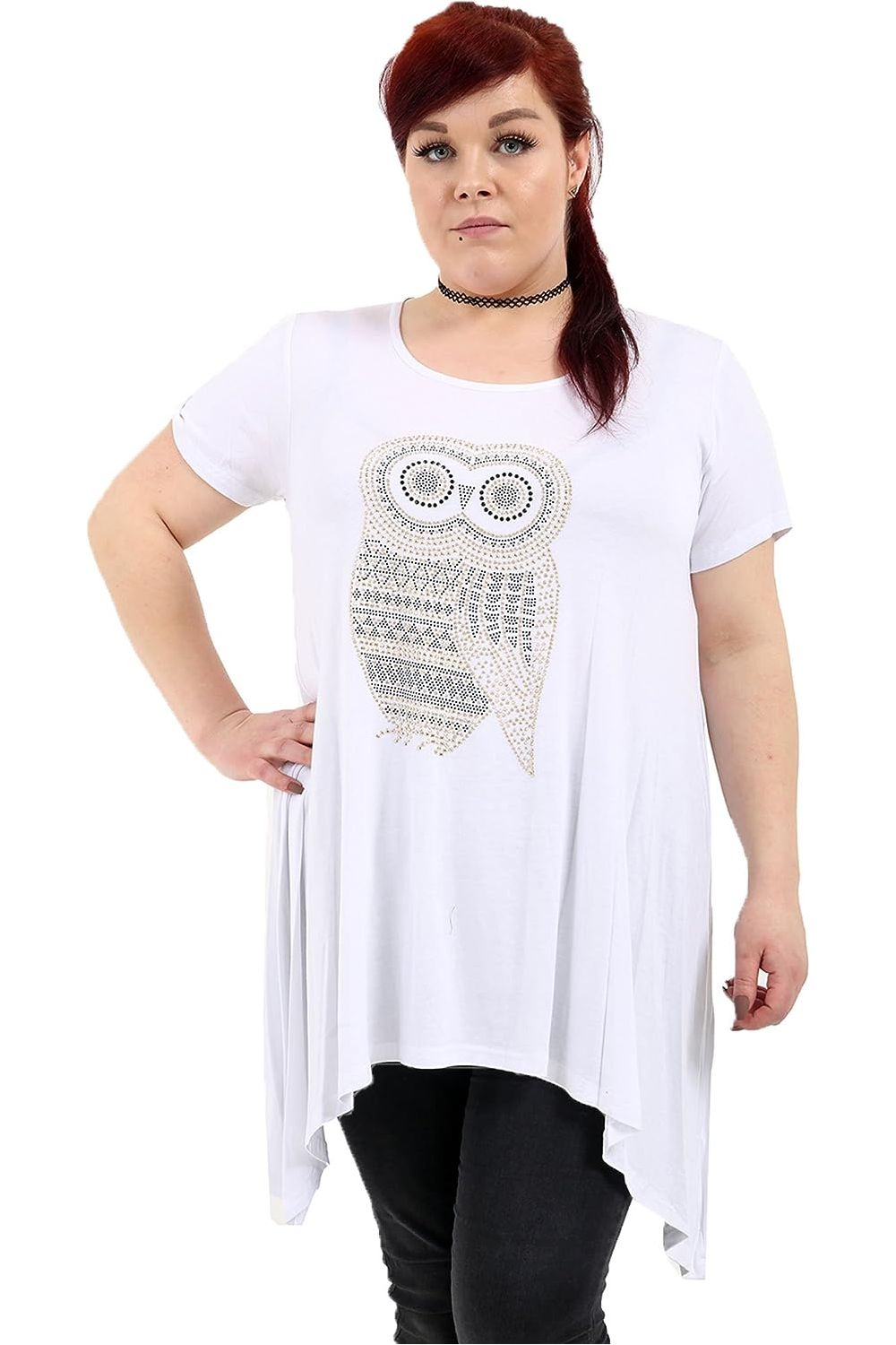 Owl Diamante Stud Hanky Hem Short Sleeve Top Apparel & Accessories WearAll White 14