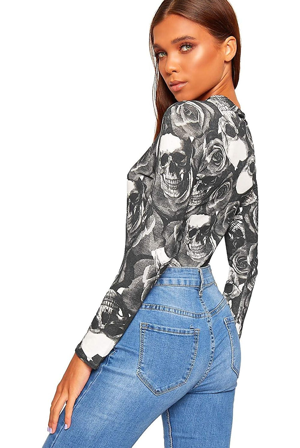 Plus Size Long Sleeve Bodysuit Turtle Neck Skull And Roses Bodysuit WearAll