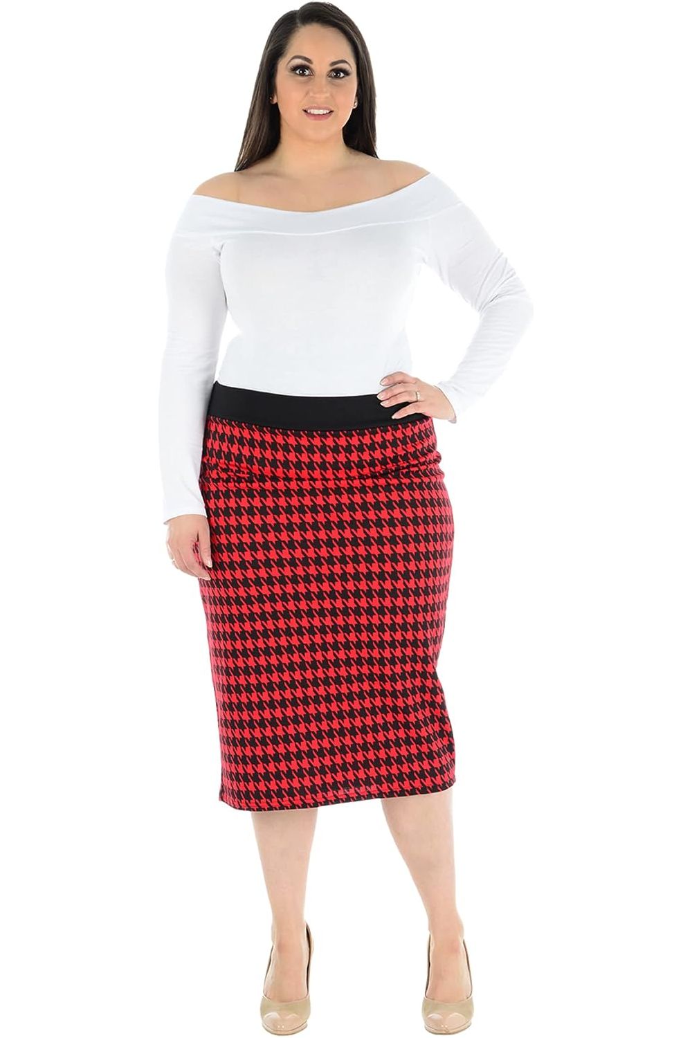 Plus Size Midi Skirt Dogtooth Apparel & Accessories WearAll Red 12-14