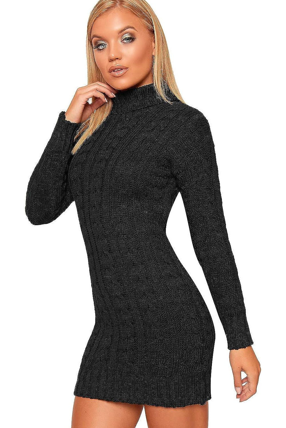 Plus Size Polo High Neck Cable Knitted Jumper Dress Dress WearAll