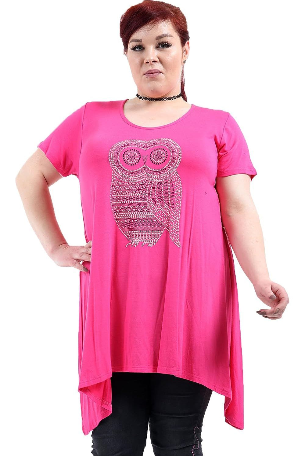 Owl Diamante Stud Hanky Hem Short Sleeve Top Apparel & Accessories WearAll Cerise 14