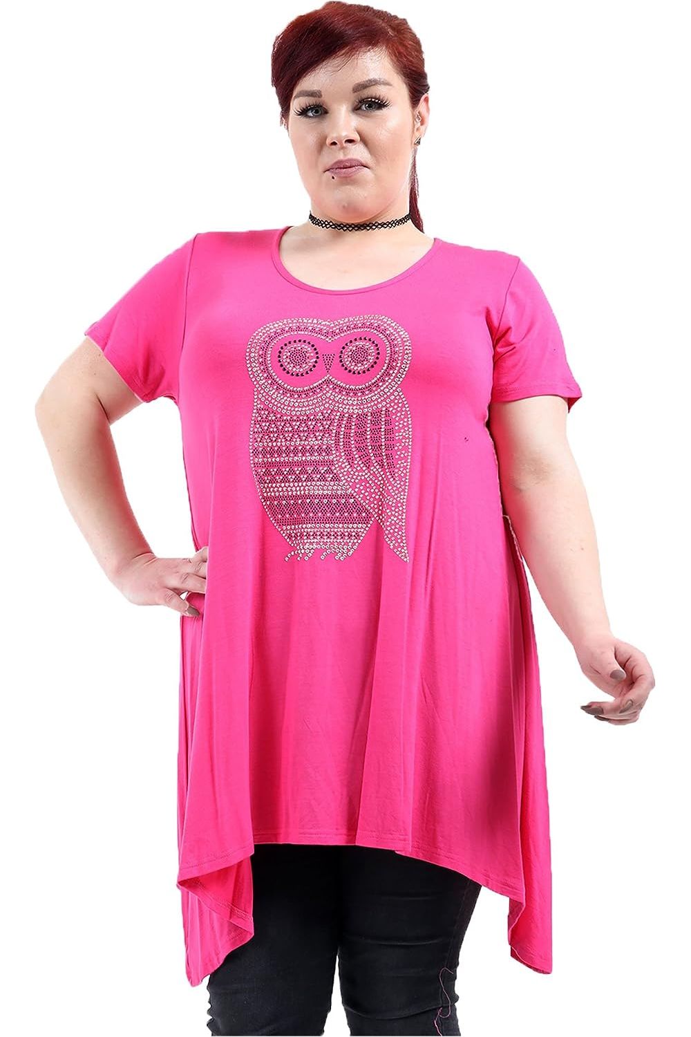 Owl Diamante Stud Hanky Hem Short Sleeve Top Apparel & Accessories WearAll Cerise 14