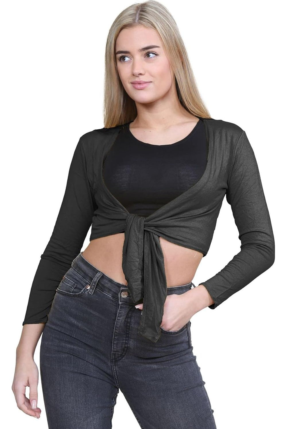 Long Sleeve Front Tie Crop Shrug Tops WearAll