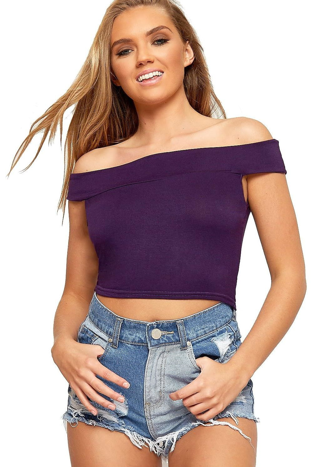 Off Shoulder Crop Top Tops WearAll Purple 8-10