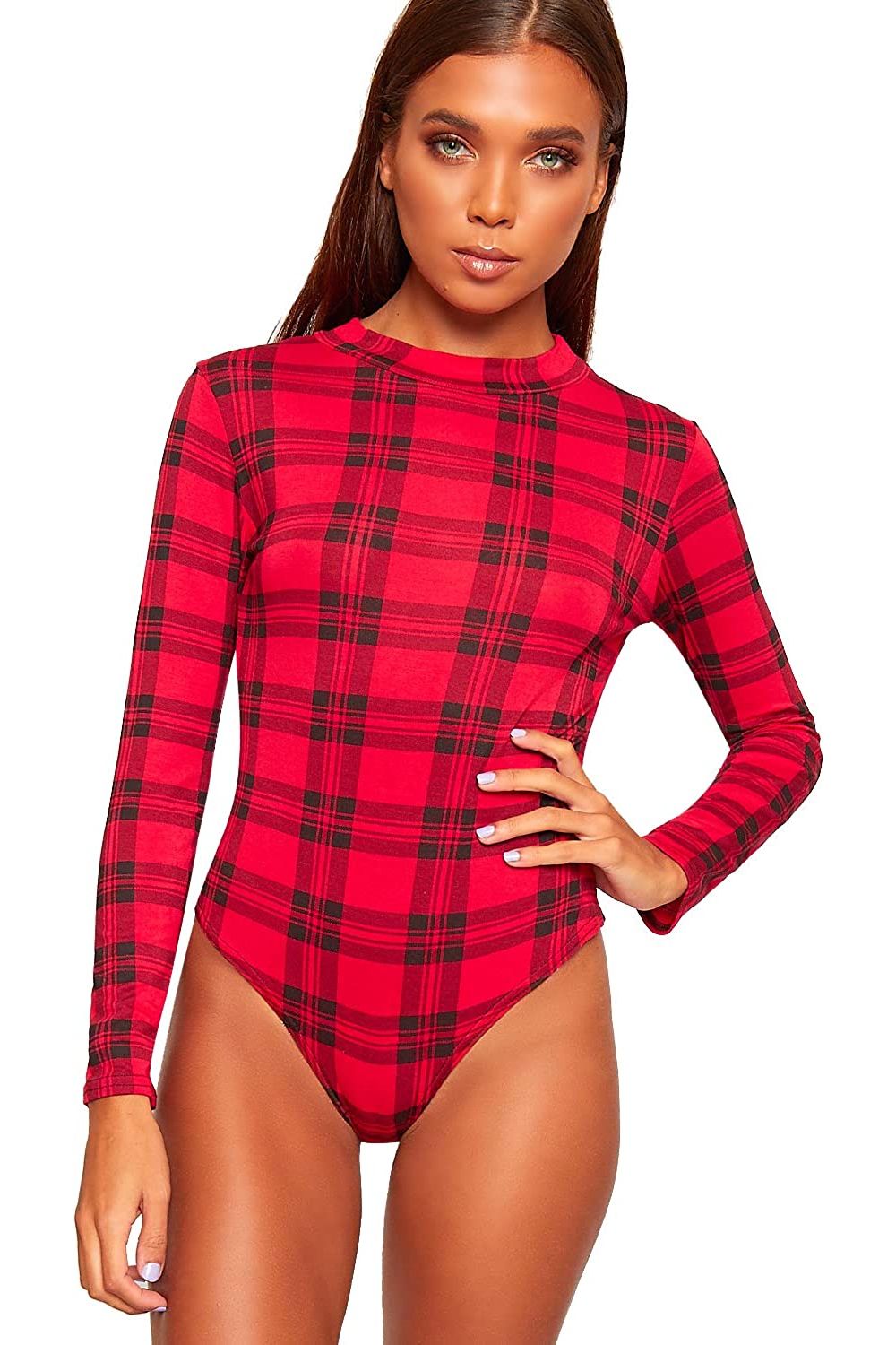 Long Sleeve Bodysuit Turtle Neck Red Tartan Bodysuit WearAll