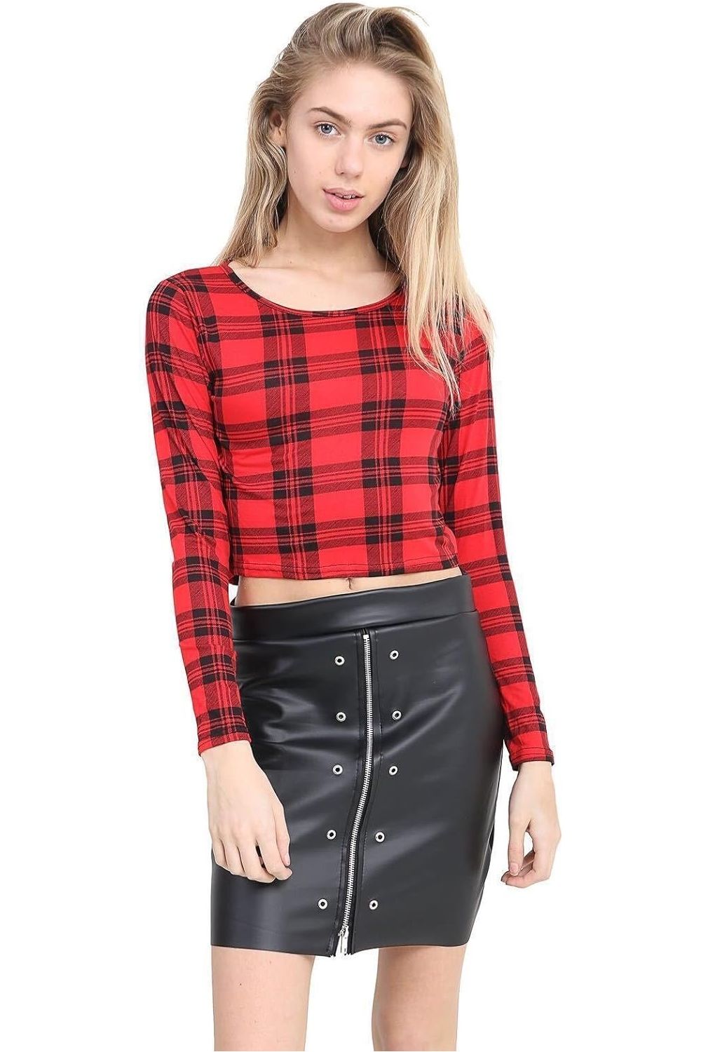 Long Sleeve Printed Crop Tops - Red, Blue, Green Patterns Tops WearAll Red 8-10