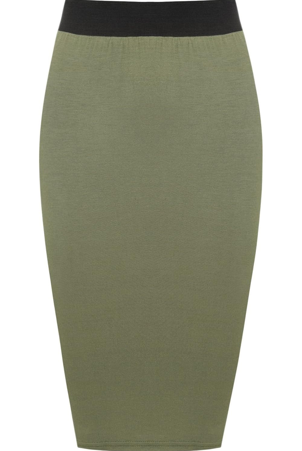 Plain Stretch Pencil Midi Skirt Apparel & Accessories WearAll Khaki 8-10