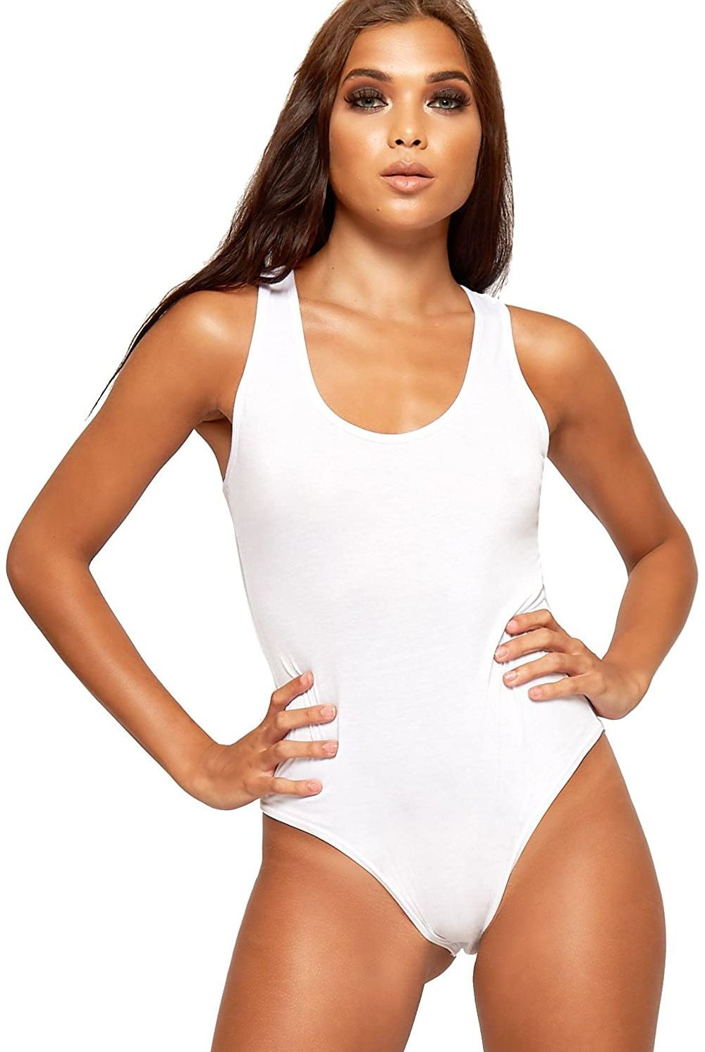 BASICS Solid Round Neck Fitted Tank Bodysuit Bodysuit WearAll White 12-14