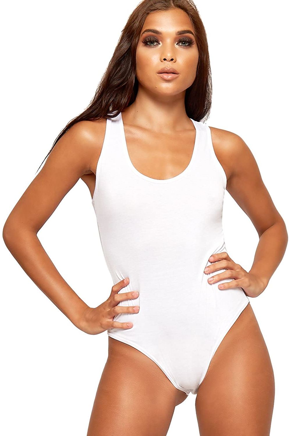 BASICS Solid Round Neck Fitted Tank Bodysuit Bodysuit WearAll White 12-14