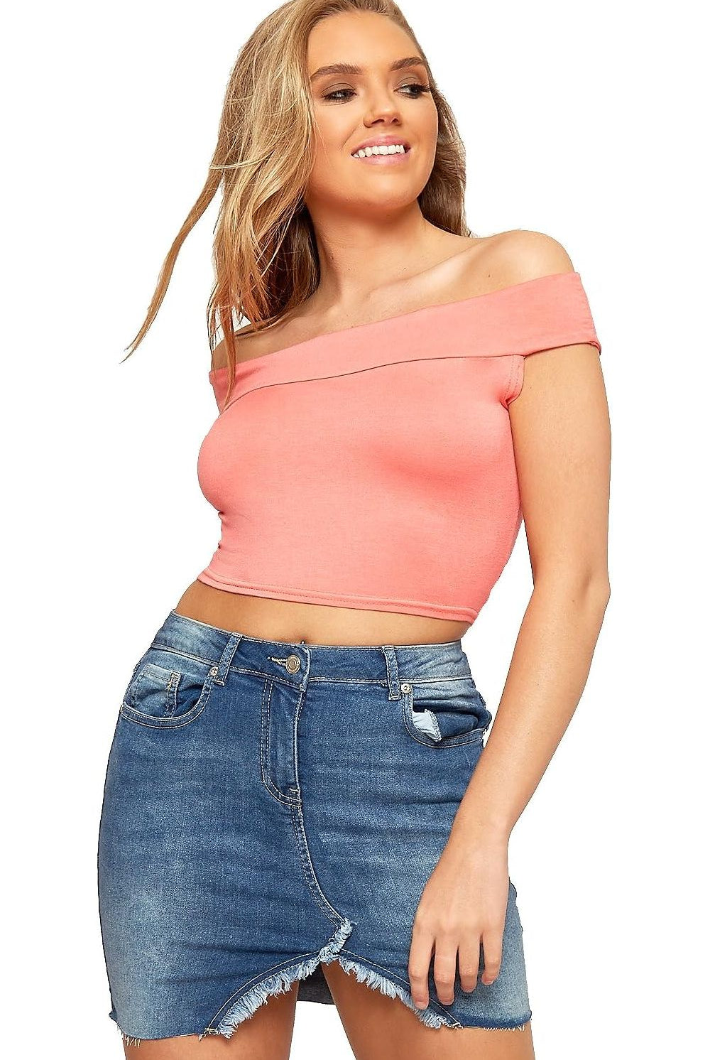Off Shoulder Crop Top Tops WearAll Coral 8-10