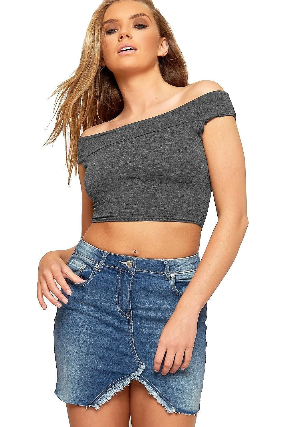 Off Shoulder Crop Top Tops WearAll Dark Grey 8-10