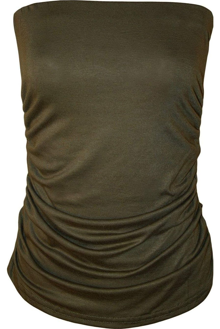 Plus Size Side Ruched Boob Tube Bandeau Top BraTop WearAll Khaki 16-18