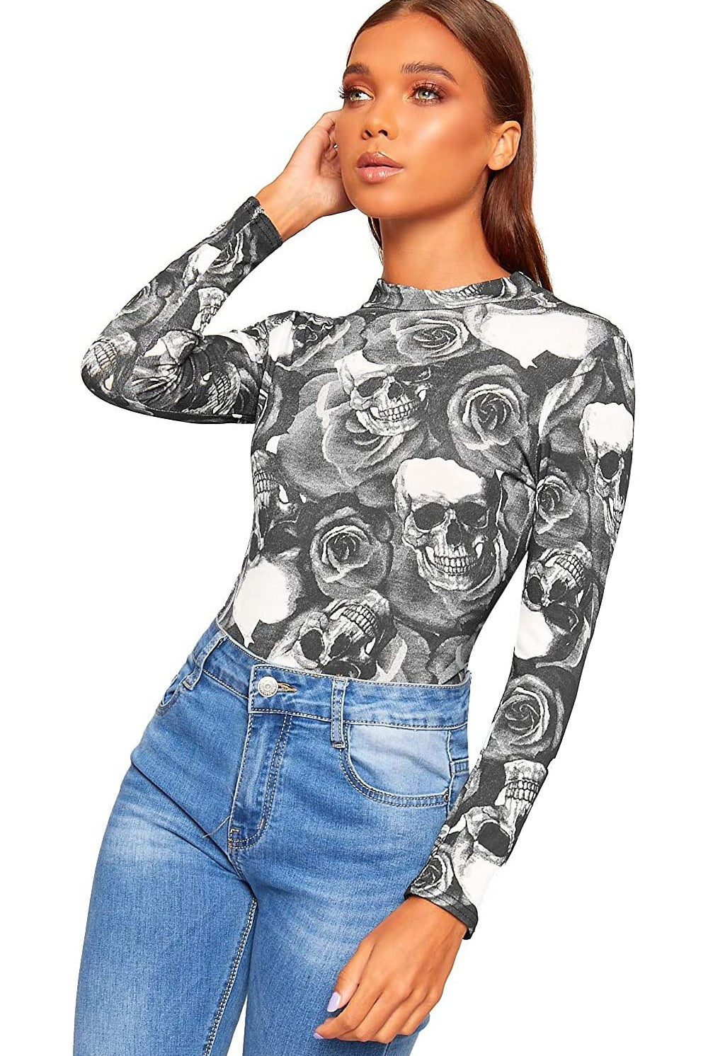 Plus Size Long Sleeve Bodysuit Turtle Neck Skull And Roses Bodysuit WearAll