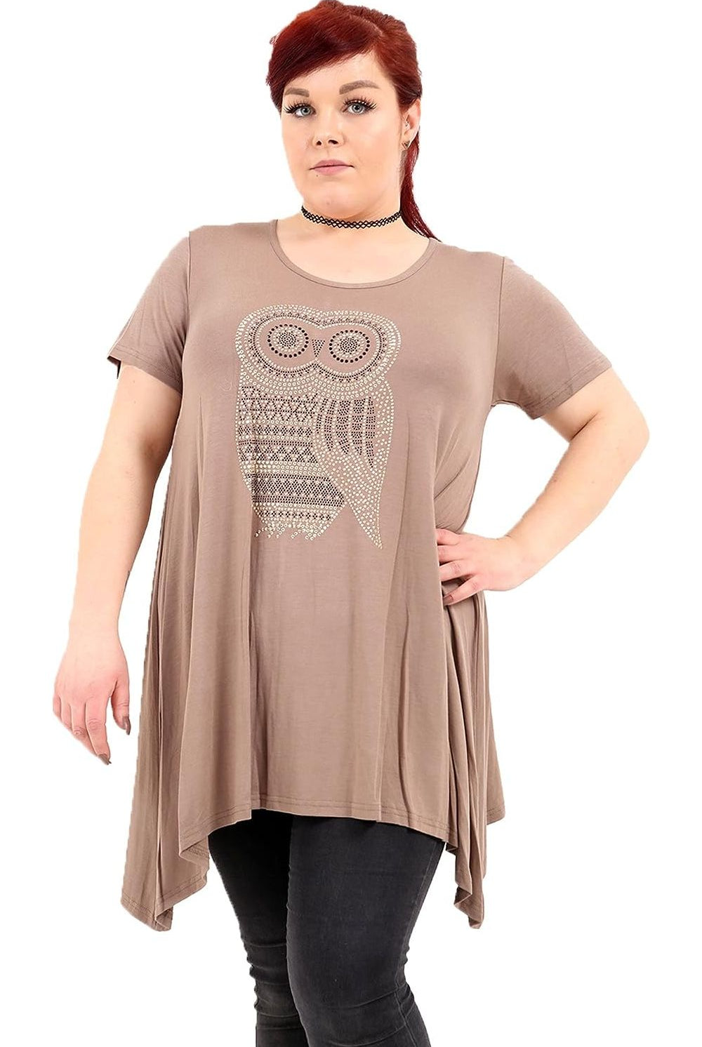 Owl Diamante Stud Hanky Hem Short Sleeve Top Apparel & Accessories WearAll Mocha 14