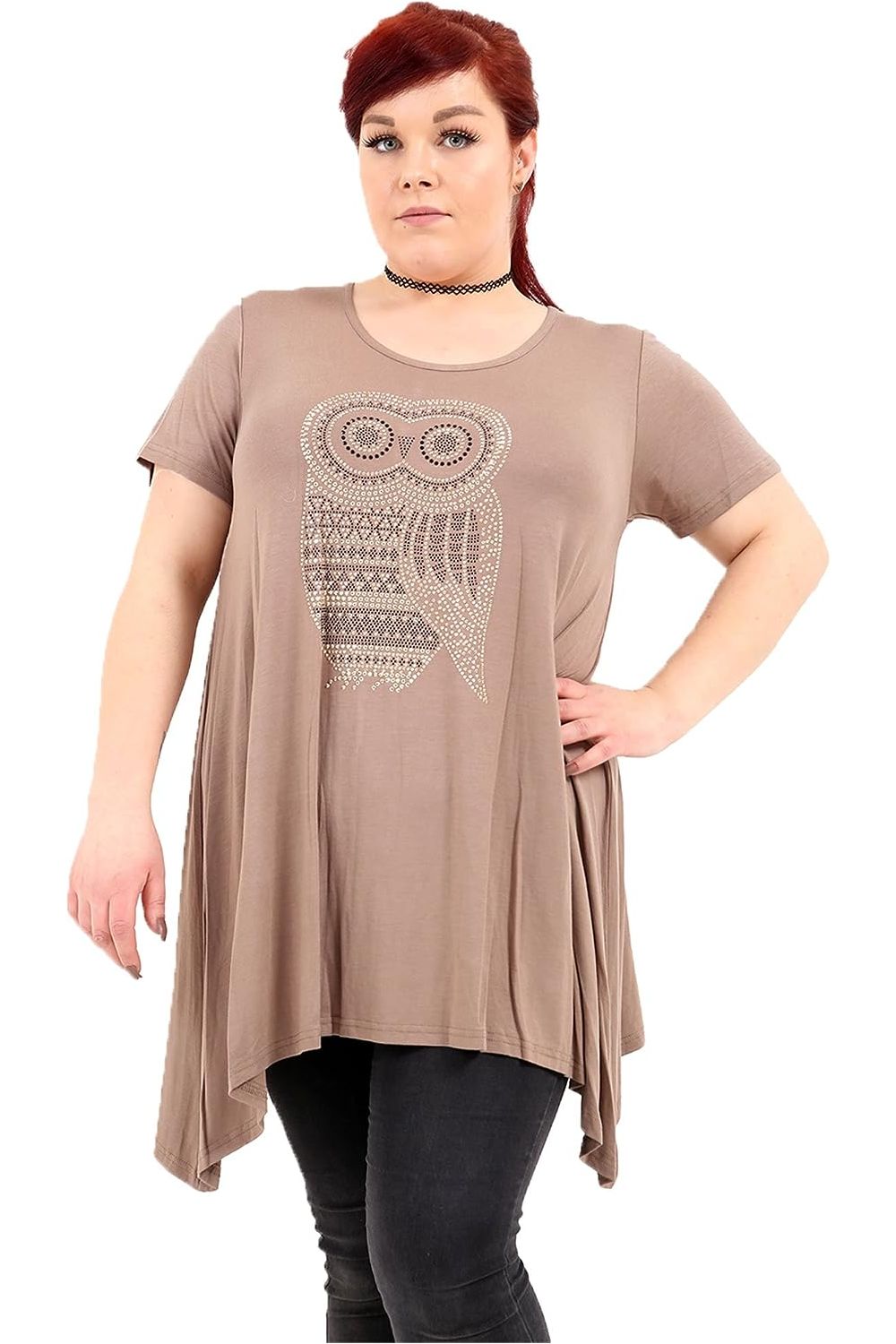 Owl Diamante Stud Hanky Hem Short Sleeve Top Apparel & Accessories WearAll Mocha 14