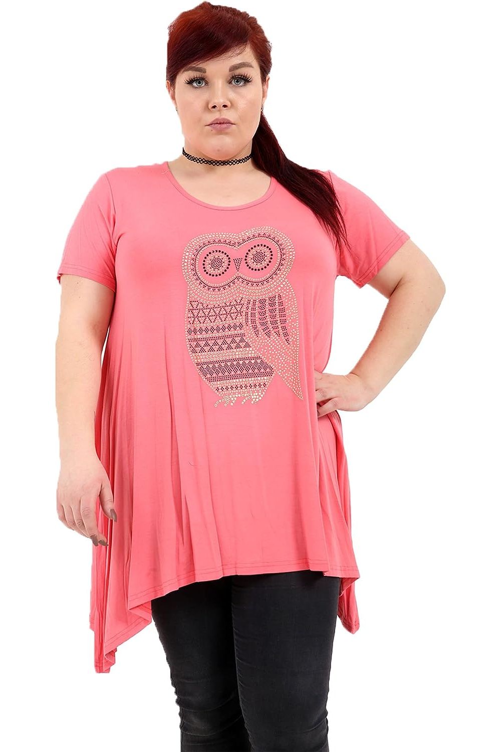 Owl Diamante Stud Hanky Hem Short Sleeve Top Apparel & Accessories WearAll Coral 14