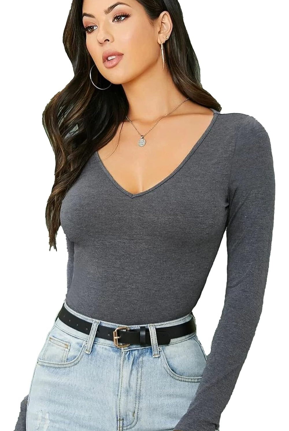 Plus Size Long Sleeve V Neck Top Tops WearAll Dark Grey 16-18