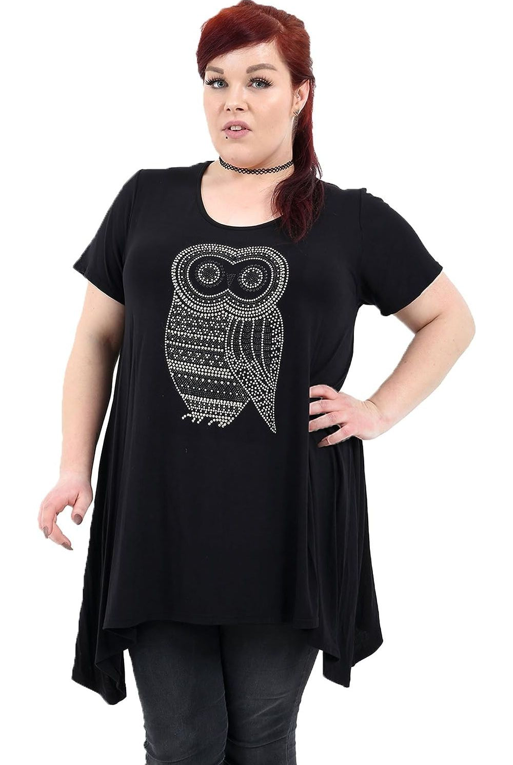 Owl Diamante Stud Hanky Hem Short Sleeve Top Apparel & Accessories WearAll Black 14