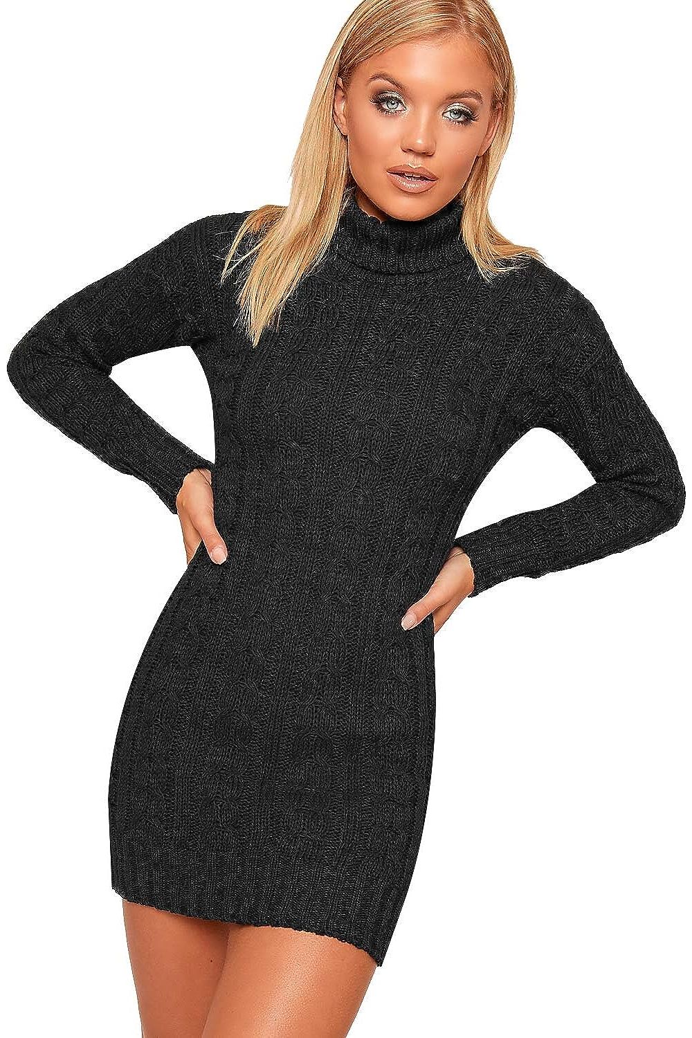 Polo High Neck Cable Knitted Jumper Dress Dress WearAll Black 8-10
