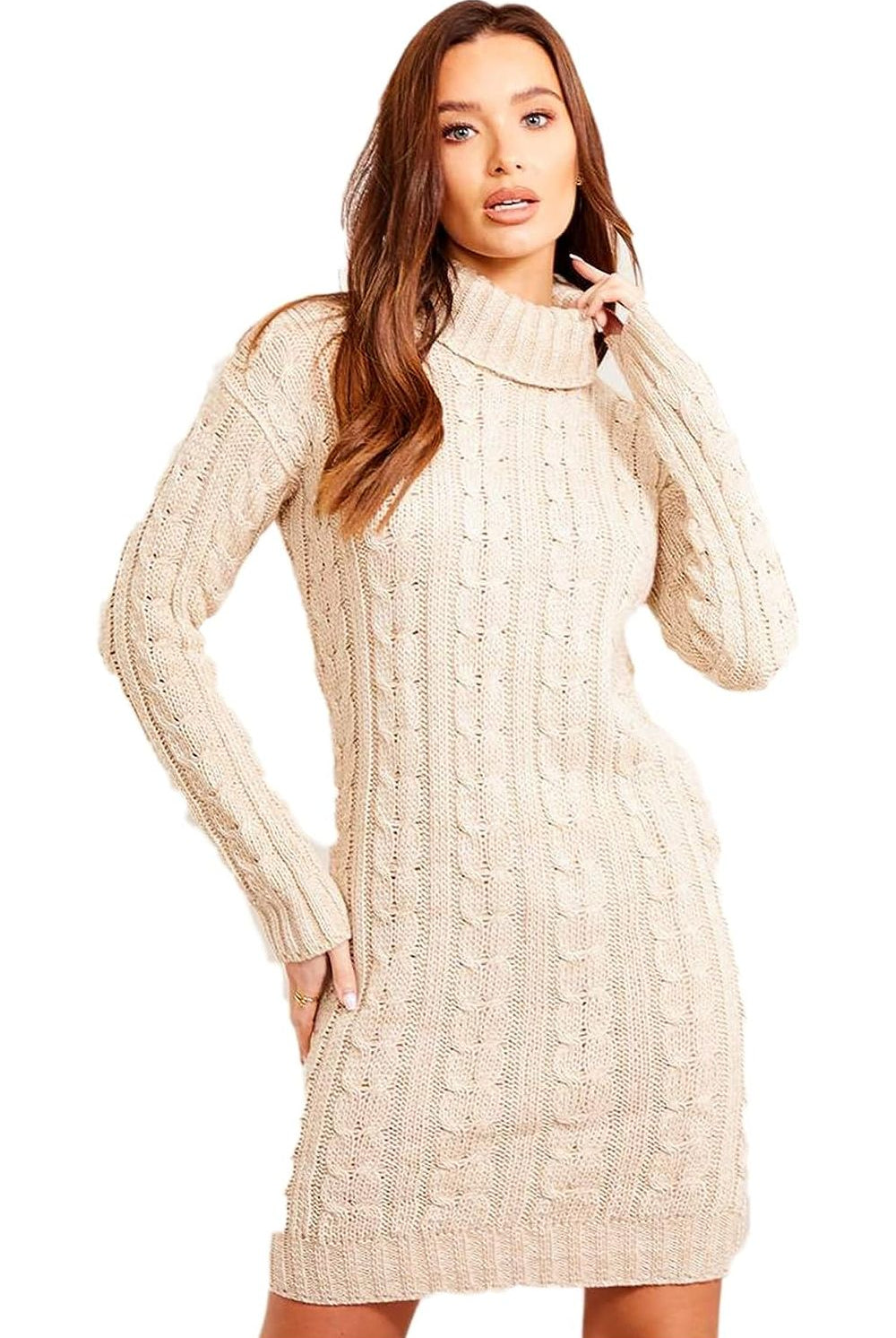 Polo High Neck Cable Knitted Jumper Dress Dress WearAll Stone 8-10