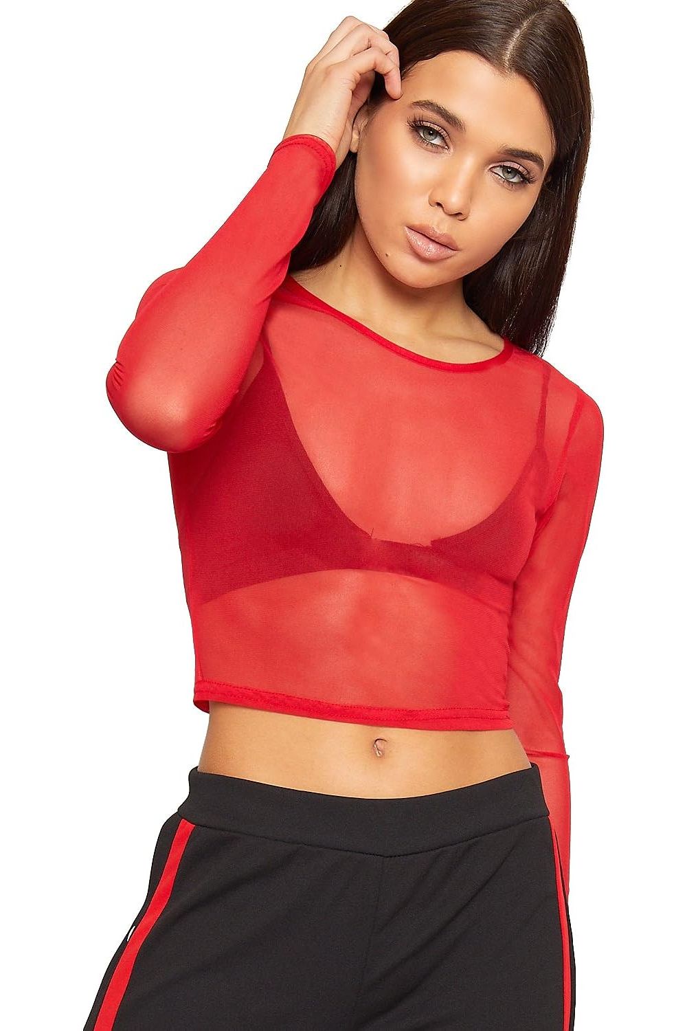 Sheer Mesh Long Sleeve Crop Top Tops WearAll