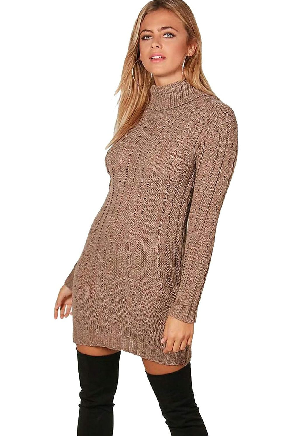 Plus Size Polo High Neck Cable Knitted Jumper Dress Dress WearAll Mocha 16-18