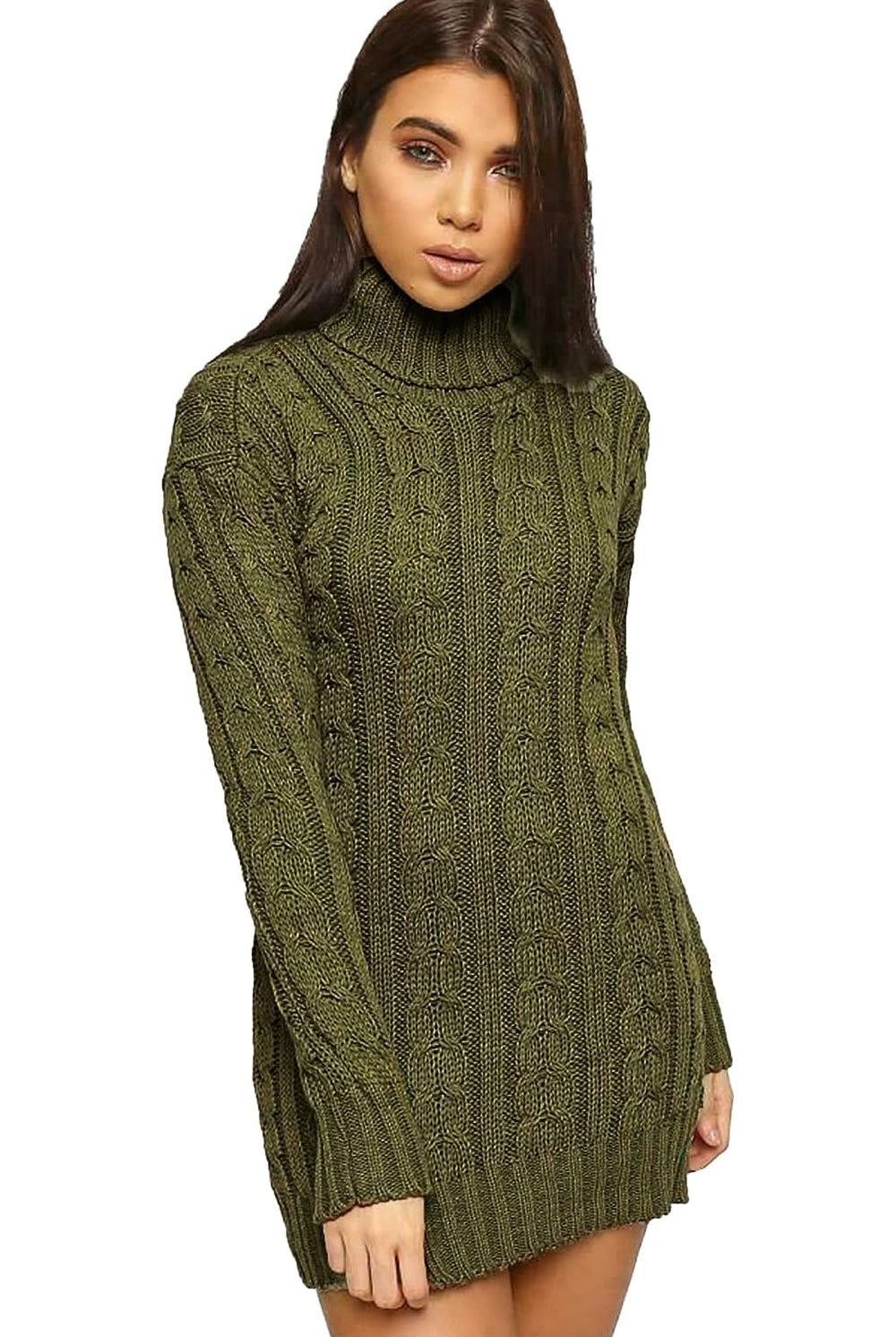 Polo High Neck Cable Knitted Jumper Dress Dress WearAll Khaki 8-10