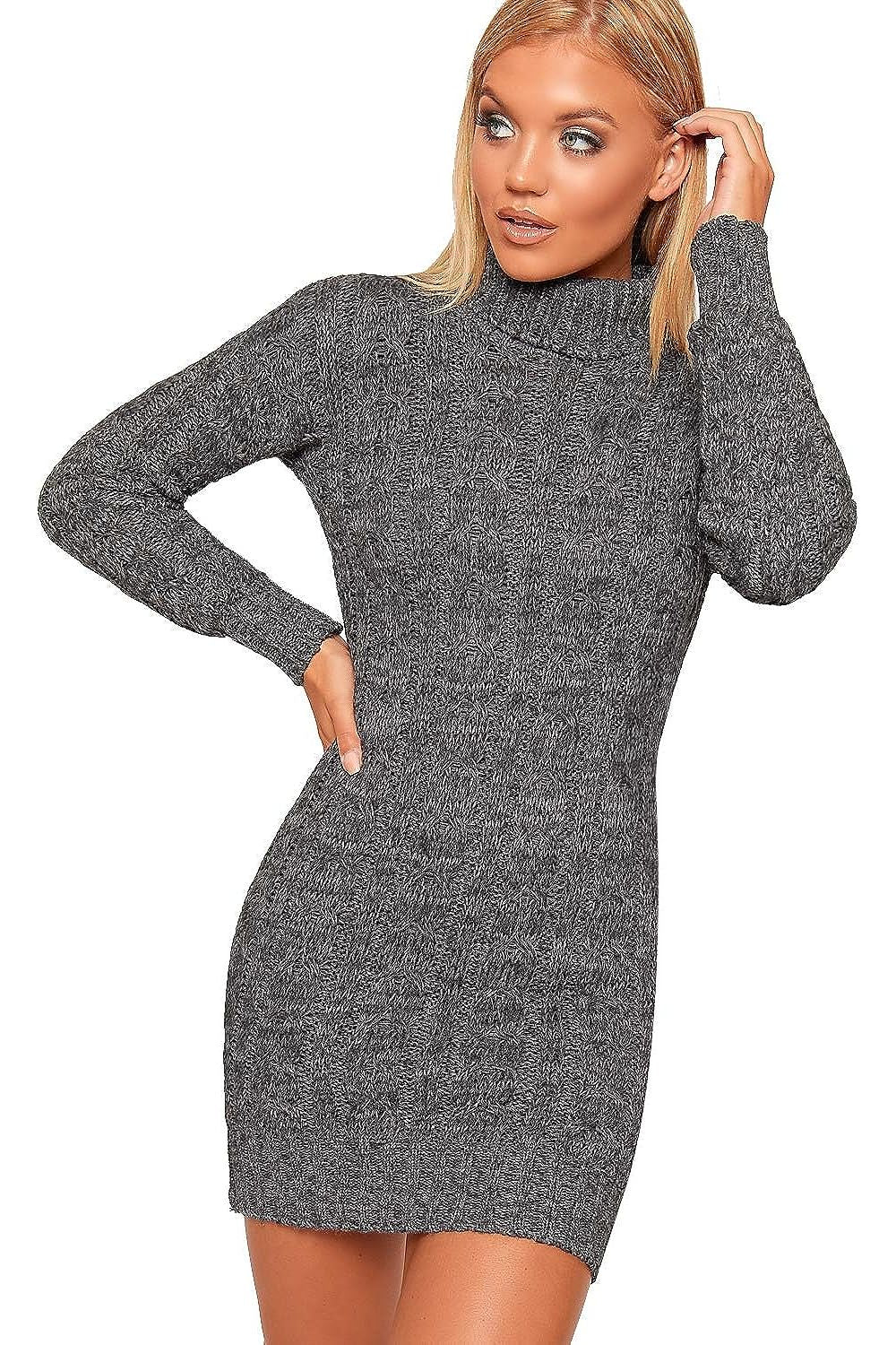 Polo High Neck Cable Knitted Jumper Dress Dress WearAll Dark Grey 8-10