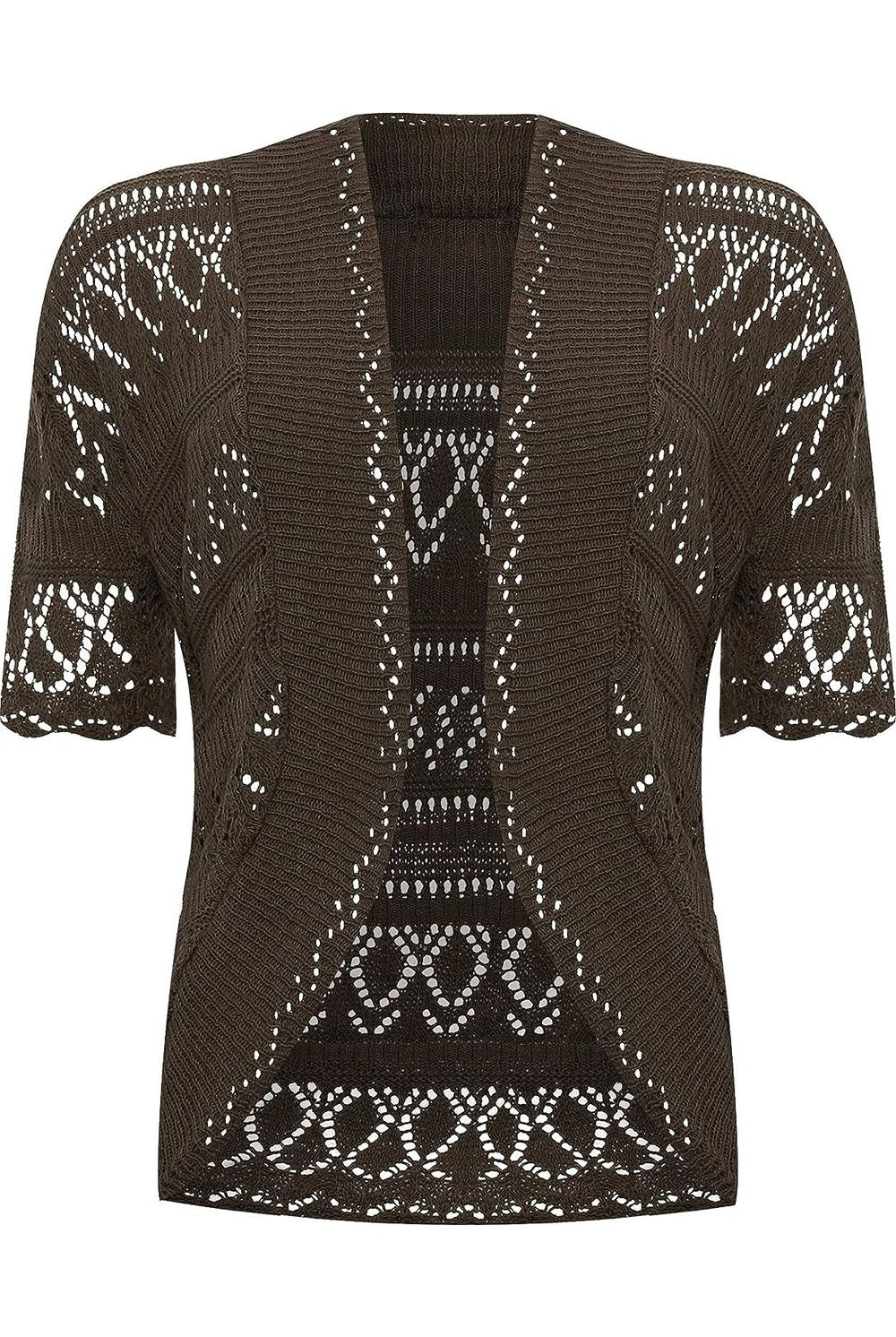 Plus Size Knitted Crochet Short Sleeve Shrugs Tops WearAll Dark Brown 16-18