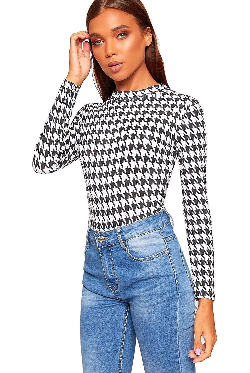 Plus Size Long Sleeve Bodysuit Turtle Neck Dogtooth Bodysuit WearAll