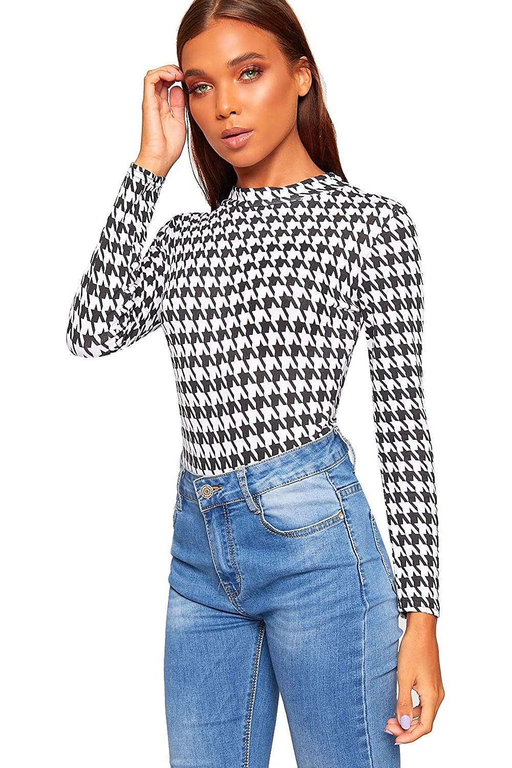 Long Sleeve Bodysuit Turtle Neck Dogtooth Bodysuit WearAll