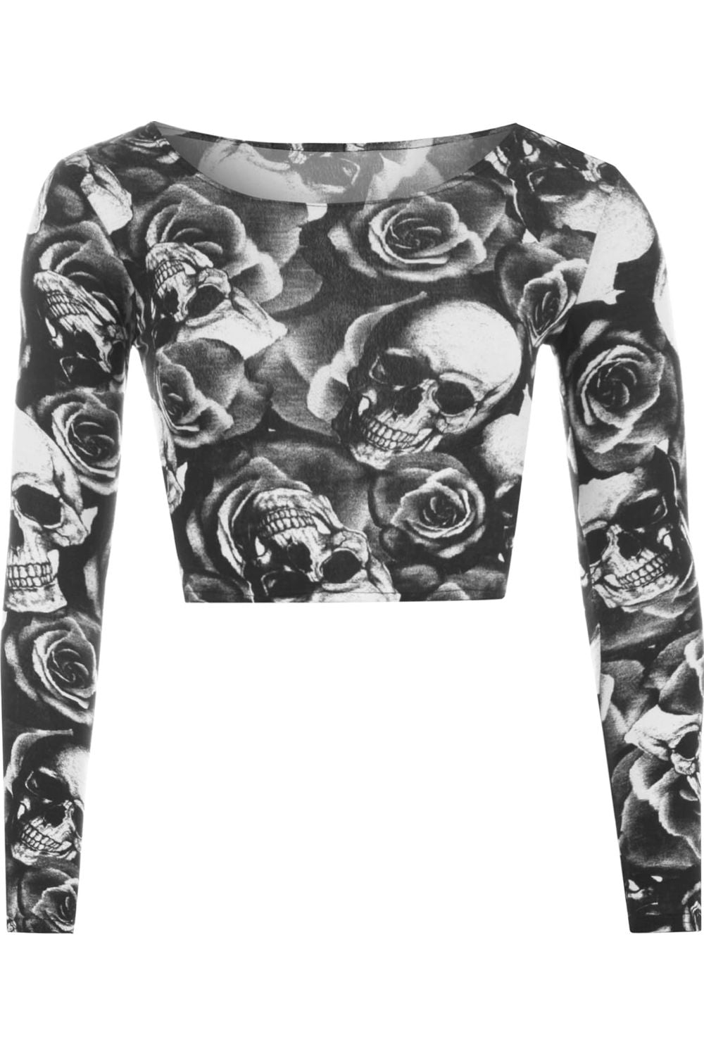 Long Sleeve Printed Crop Tops - Army, Aztec, Skull Rose, Black & White Tops WearAll Skull Rose 8-10