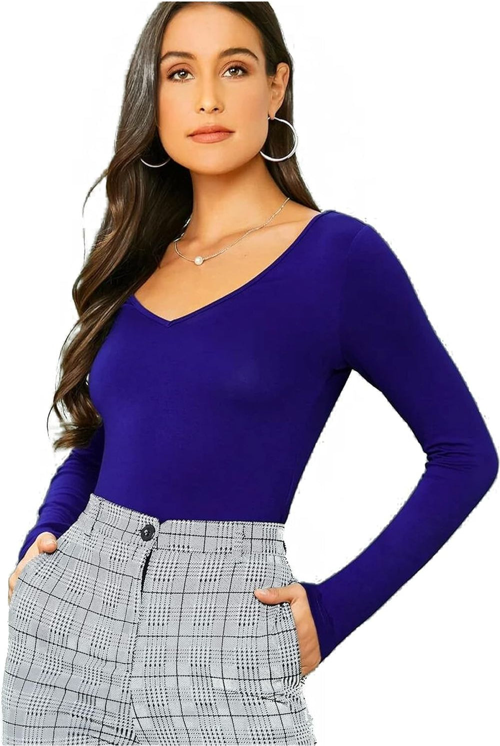 Plus Size Long Sleeve V Neck Top Tops WearAll Royal Blue 16-18