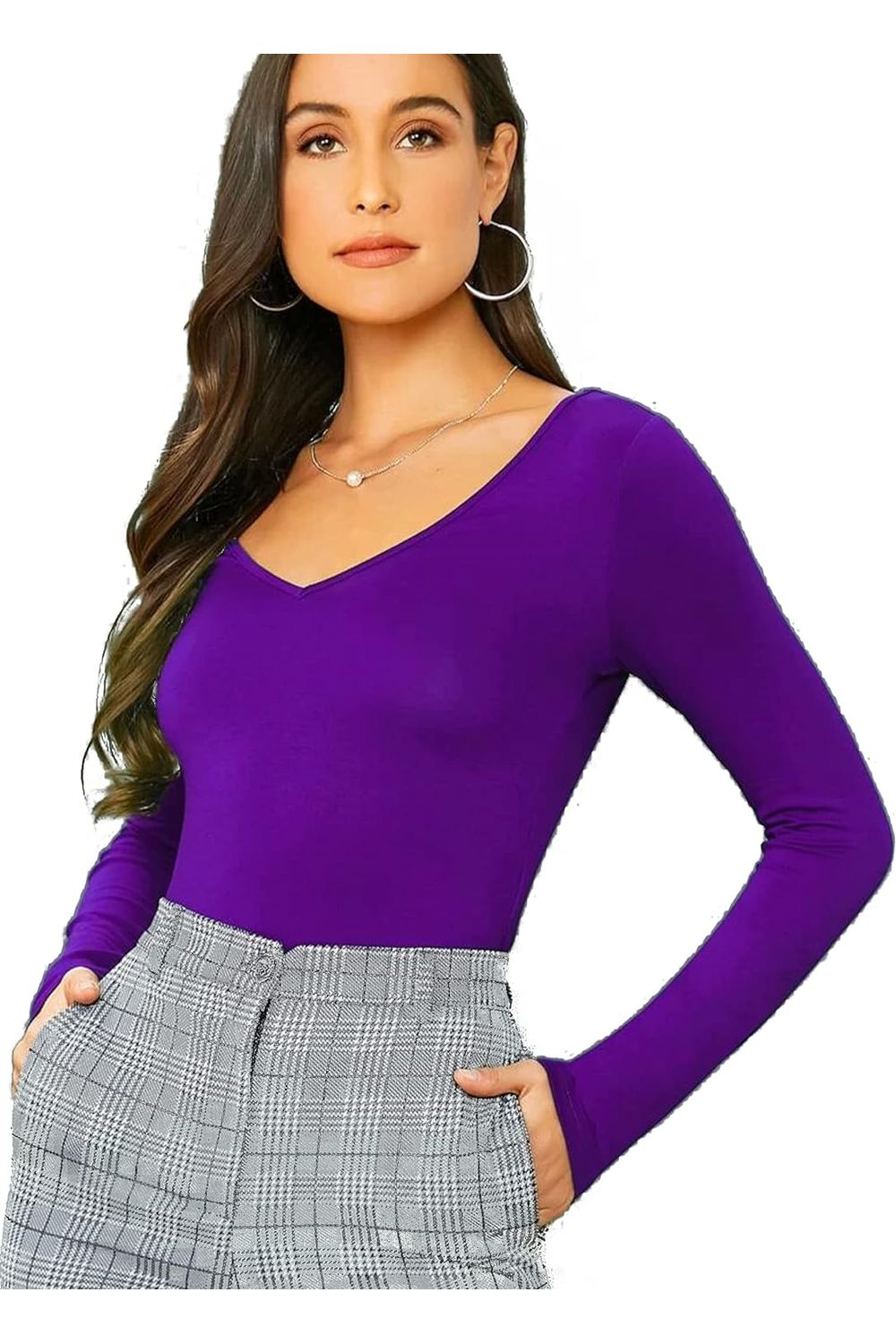 Plus Size Long Sleeve V Neck Top Tops WearAll Purple 16-18