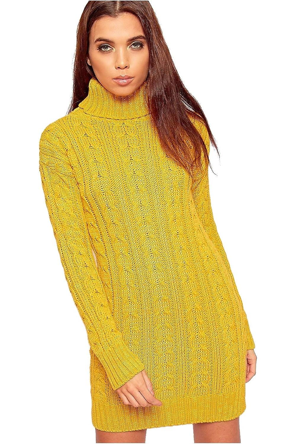 Polo High Neck Cable Knitted Jumper Dress Dress WearAll Mustard 8-10