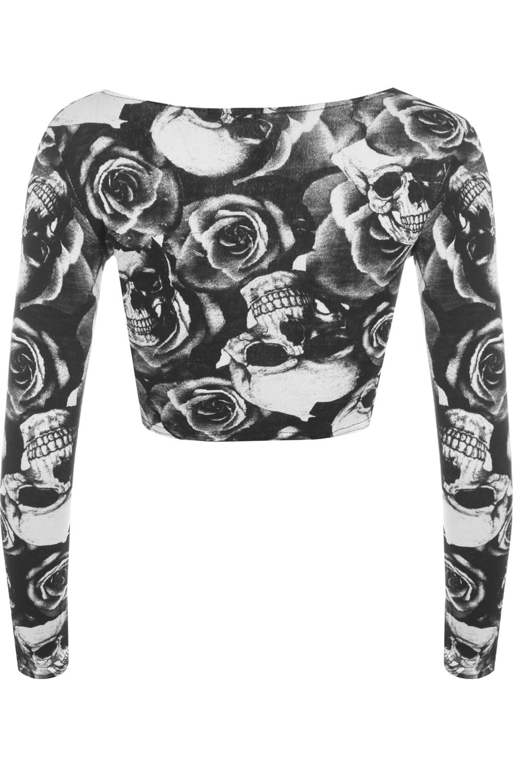 Long Sleeve Printed Crop Tops - Army, Aztec, Skull Rose, Black & White Tops WearAll