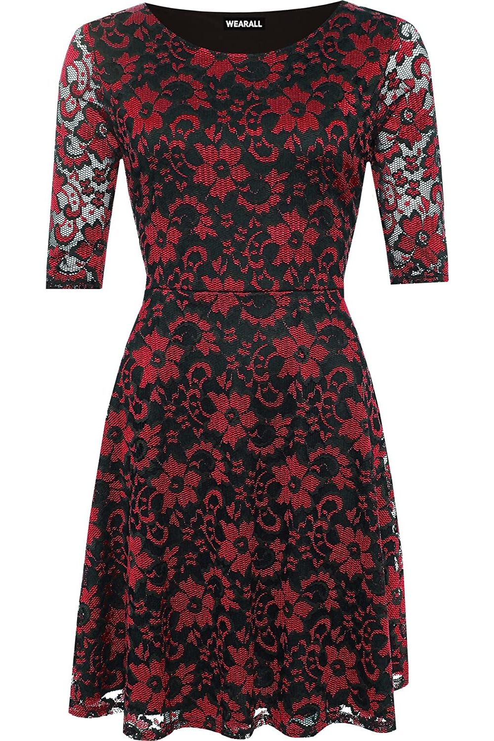 Plus Size Floral Lace Flared Skater Dress Dress WearAll Red 14