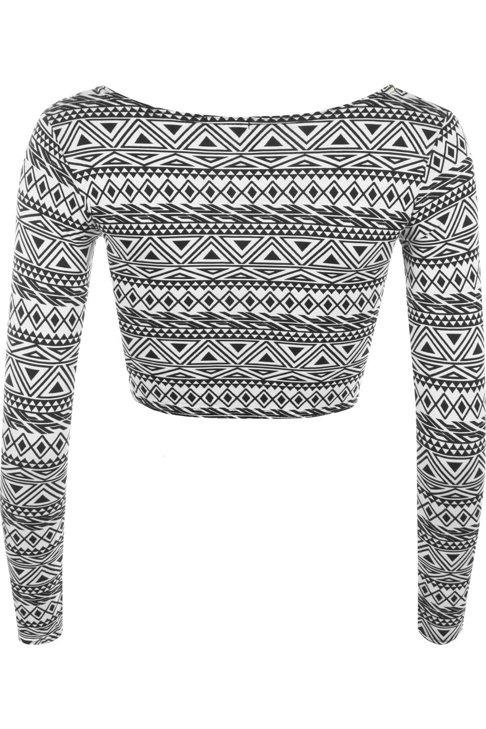 Long Sleeve Printed Crop Tops - Army, Aztec, Skull Rose, Black & White Tops WearAll