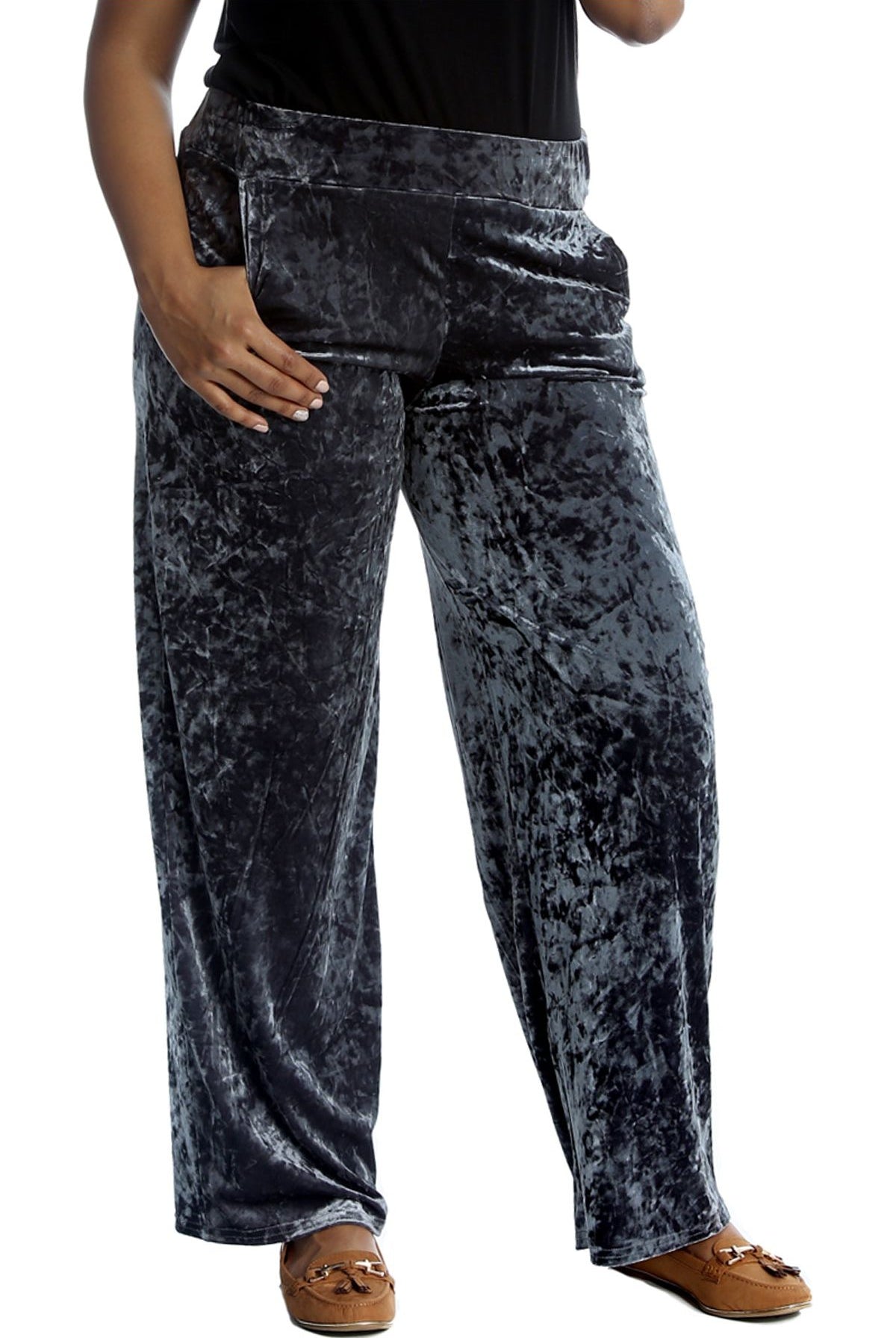 Velour Velvet Wide Flared Leg Pocket Palazzo Palazzo WearAll Grey 12-14