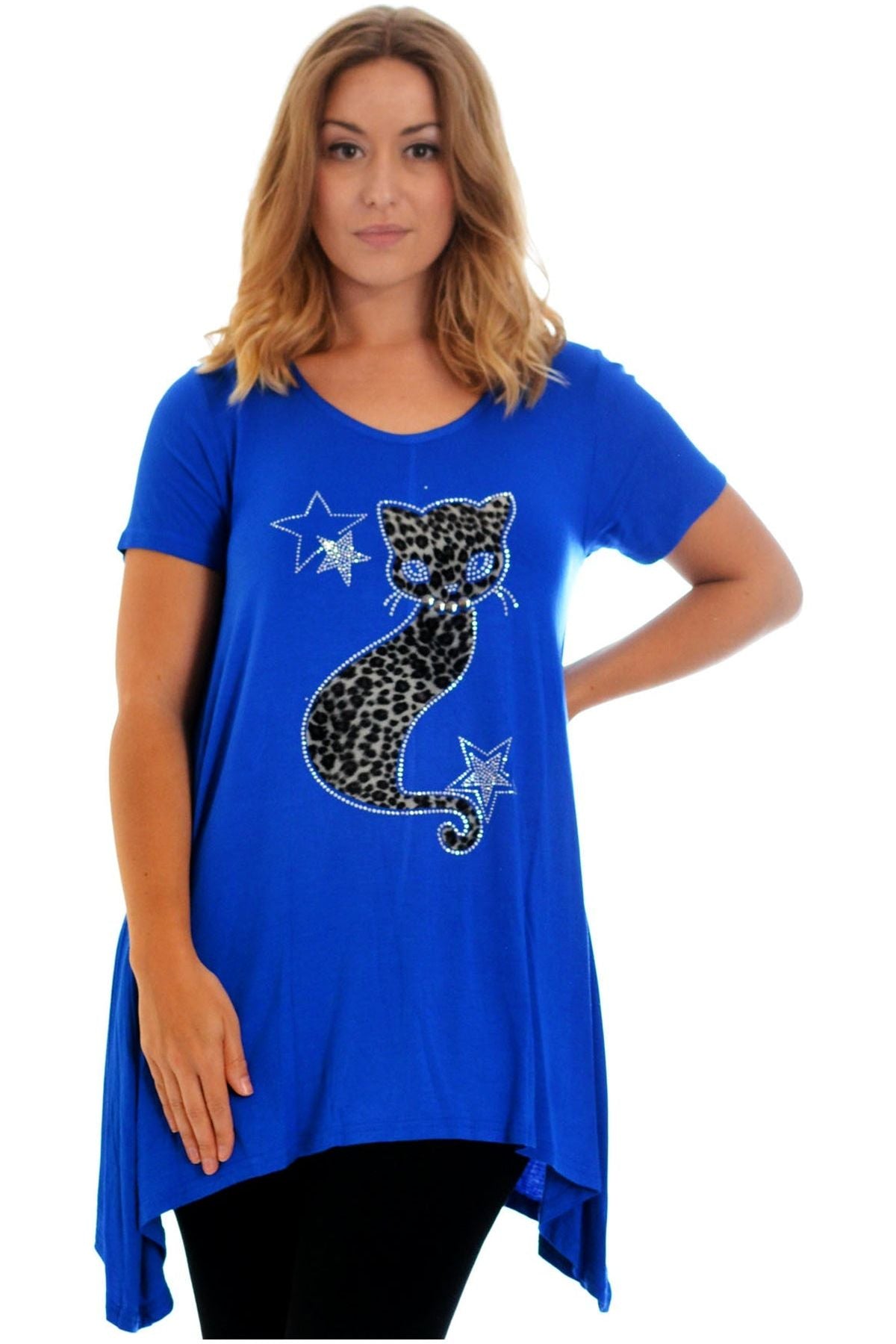 Studded Fur Cat Hanky Hem Short Sleeve Top Apparel & Accessories WearAll Royal Blue 18