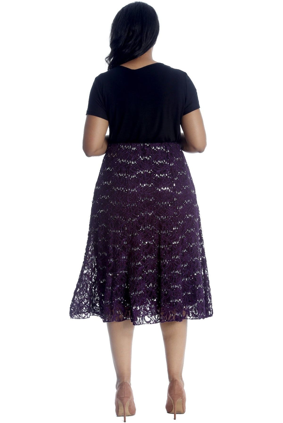 Floral Lace Lined Sequin Flared Midi Skirt Skirt WearAll