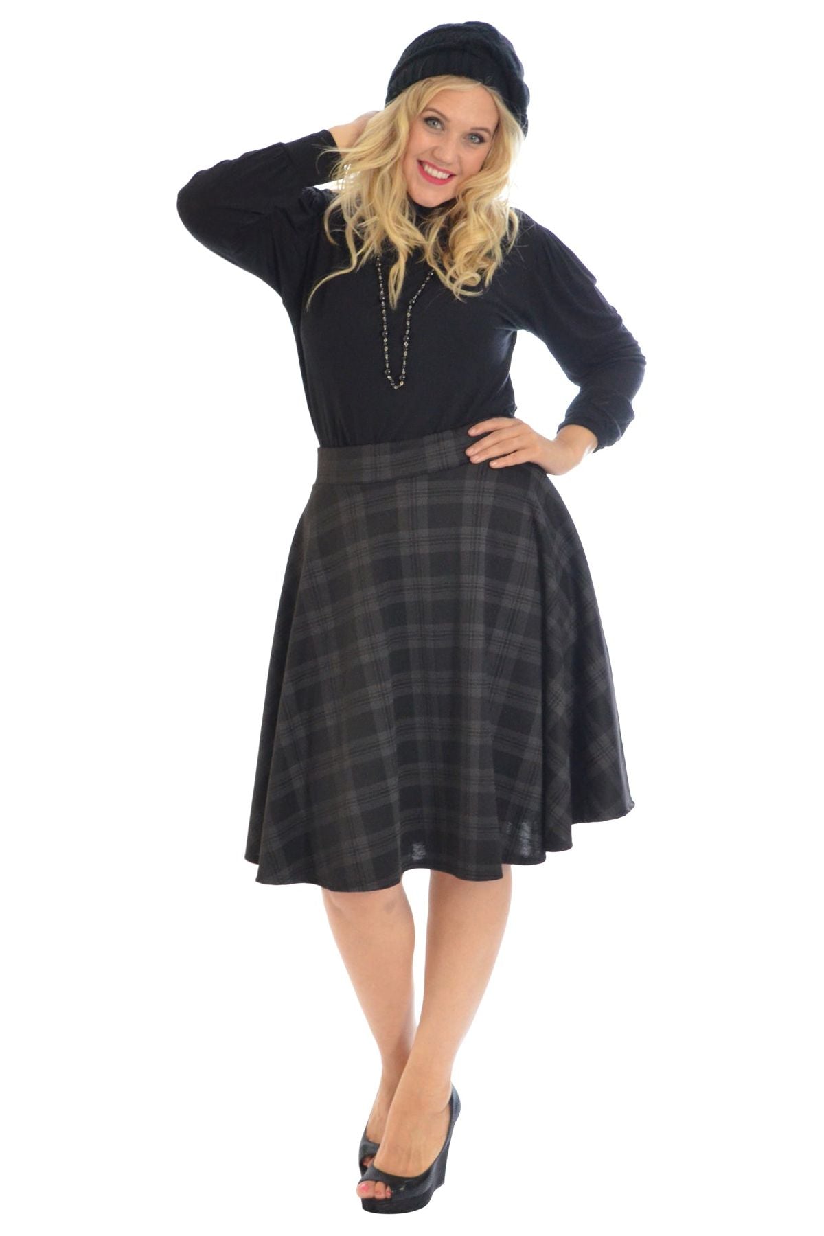 Tartan Elastic Waist Skirt – Flared Skater Style Skirt WearAll Charcoal 18