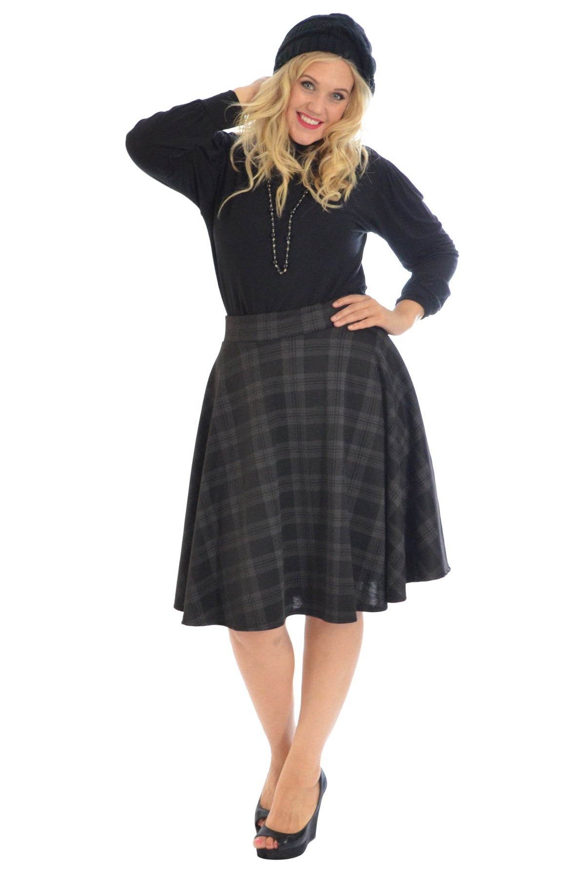 Tartan Elastic Waist Skirt – Flared Skater Style Skirt WearAll Charcoal 22-24