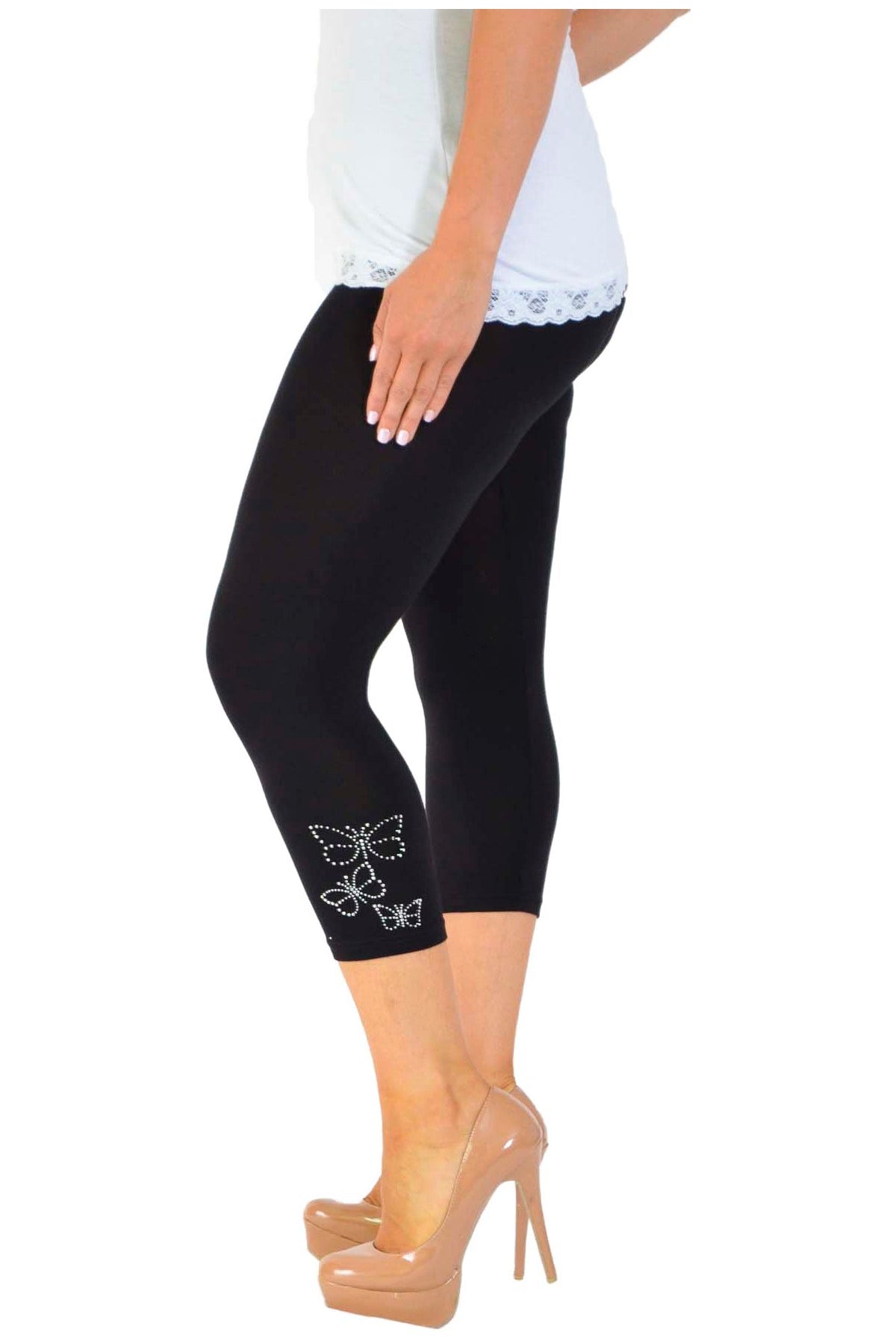 Plus Size 3/4 Butterfly Sequin Leggings Leggings WearAll