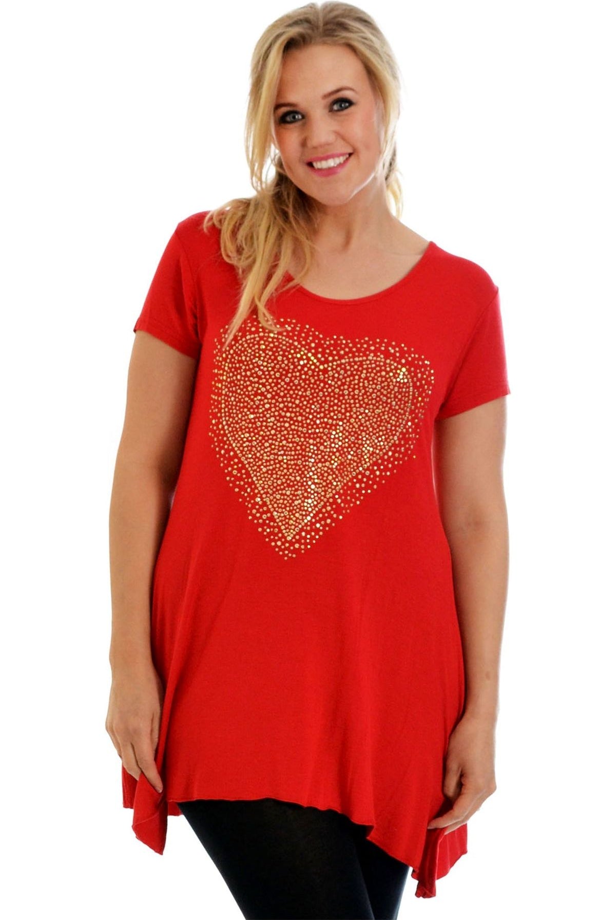 Gold Studded Hanky Hem Short Sleeve Top Apparel & Accessories WearAll Red 14
