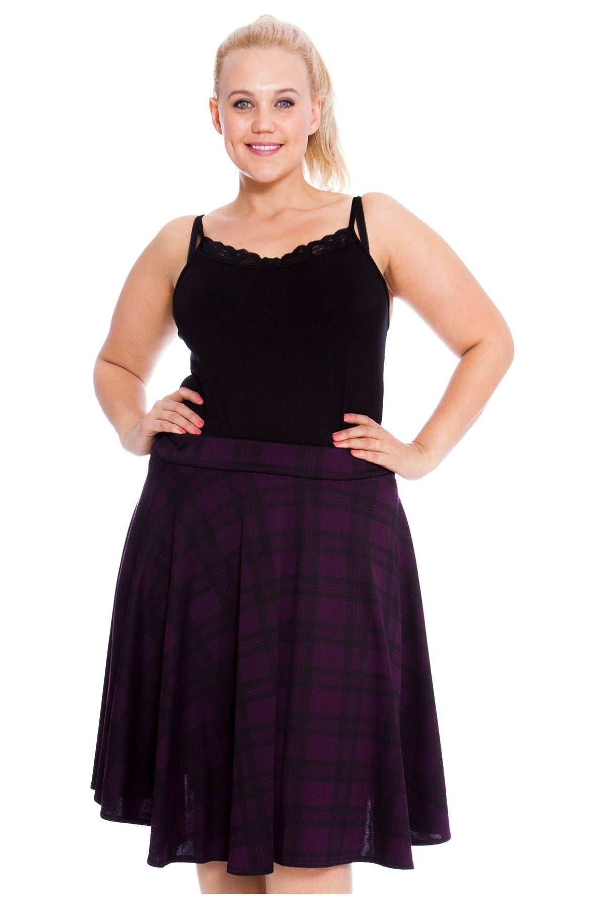 Tartan Elastic Waist Skirt – Flared Skater Style Skirt WearAll Purple 14