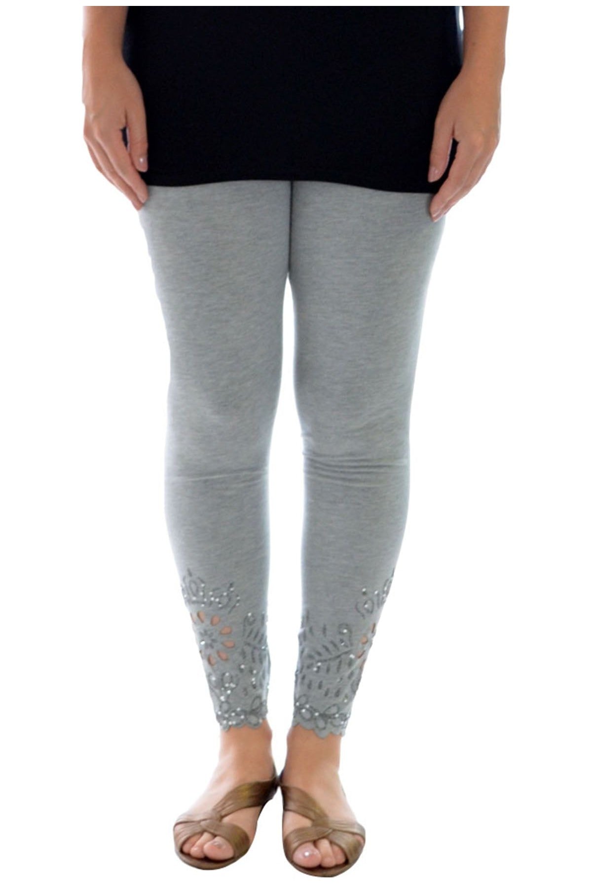 Plus Size Sequin Scallop Beaded Flower Petal Leggings Leggings WearAll Grey 16-18