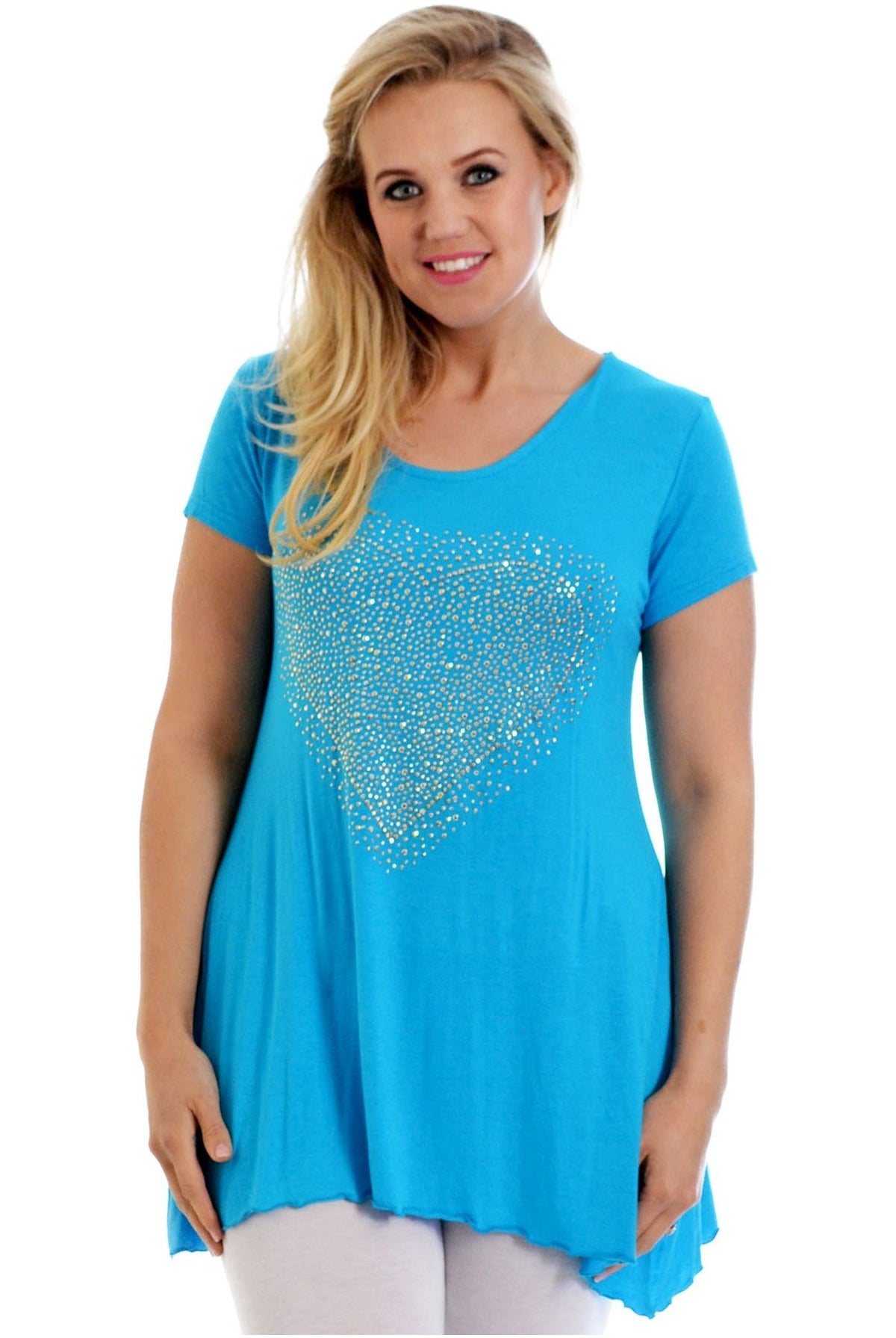 Gold Studded Hanky Hem Short Sleeve Top Apparel & Accessories WearAll Blue 14