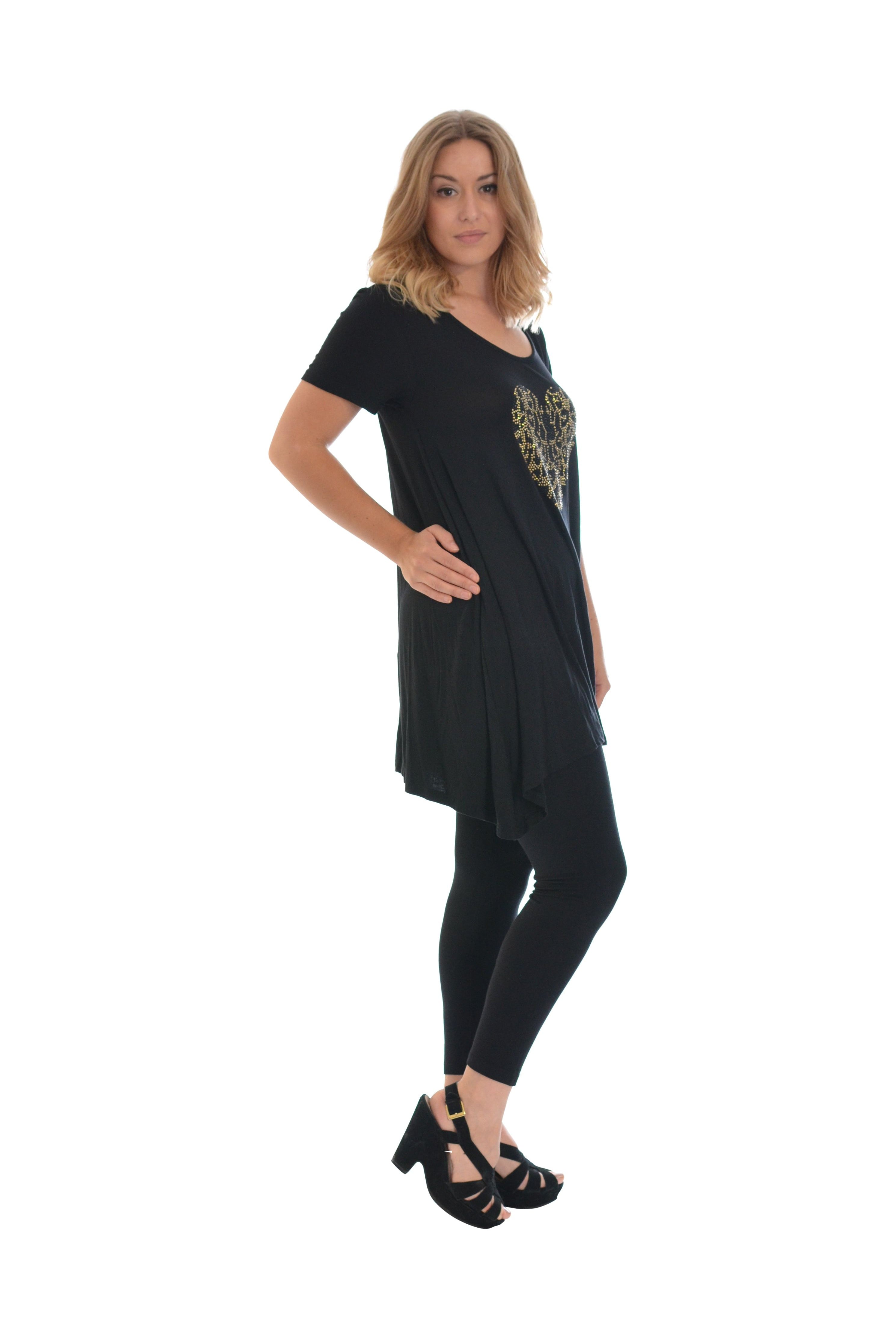 Leopard Print Studded Heart Hanky Hem Short Sleeve Top Apparel & Accessories WearAll